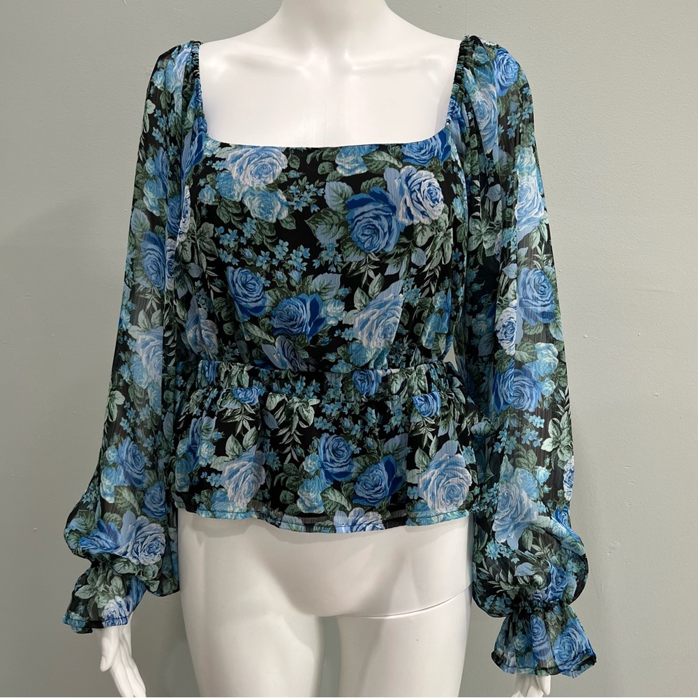 NWT WAYF Top Blouse L Floral Blue Open Back Boho